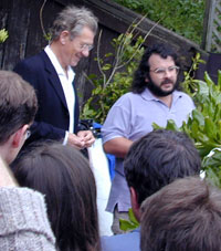 Ian McKellen and Peter Jackson address a backyard gathering of gay activists, Wellington, 2 December 2000