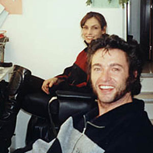 Tyler Mane (Sabretooth),  Tony (stunt double), Famke Jannsen (Jean Grey), Hugh Jackman (Wolverine) in makeup room