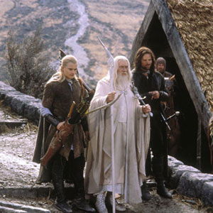 Legolas (Orlando Bloom), Gandalf (Ian McKellen) and Aragorn (Viggo Mortensen) at Edoras