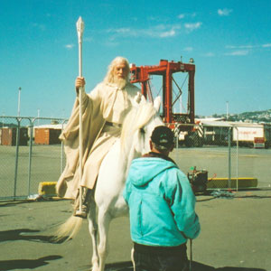 Gandalf the White riding Shadowfax with a wooden board that marks his correct position