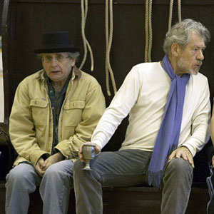 L-R Sylvester McCoy (The Fool), Ian McKellen (Lear) and Ben Meyjes (Edgar), in rehearsal
