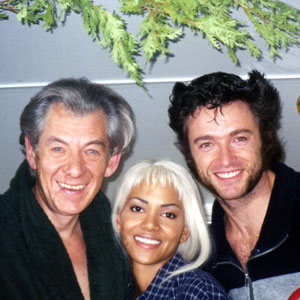 Ian McKellen (Magneto), Halle Berry (Storm), and Hugh Jackman (Wolverine) take a Christmassy break in the makeup trailer, Toronto