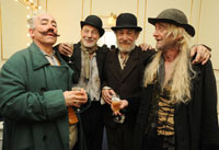 Simon Callow, Patrick Stewart, Ian McKellen, and Ronald Pickup, celebrating in the dressing room after the first night at Theatre Royal Haymarket<br /><span class='gal_credit'>Photo by David Bennet</span><br />2009   