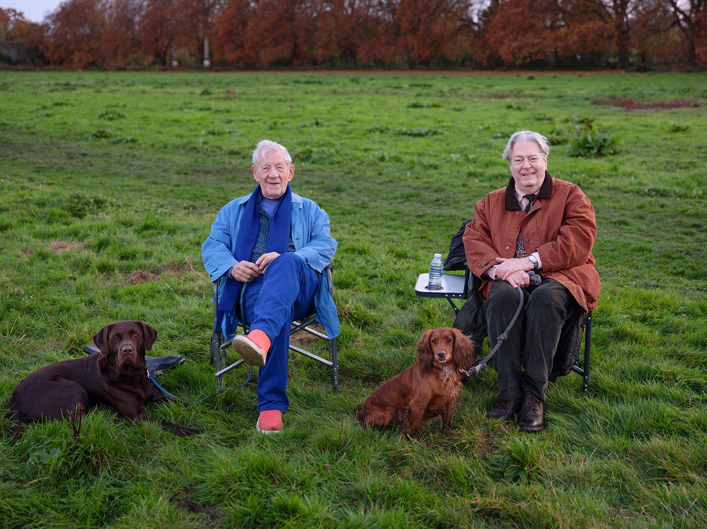 Frank (Roger Allam) and Percy (Ian McKellen) meet walking their dogs on Hampstead Heath. Meet Percy's dog Bruno and his playmate Toffee. Photo by Frederic Aranda.